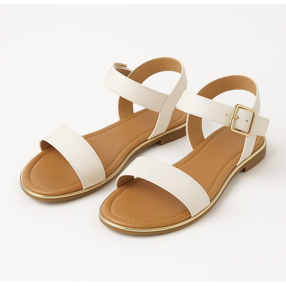 LOB Footwear White Faux Leather Flat Sandals US 8.5 Buckle Strap Casual Summer